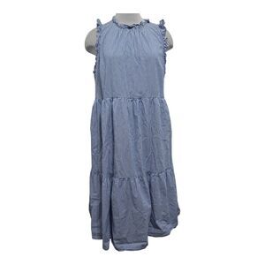 J.Crew Tiered Flounce Boho Seersucker Summer  Stripe Midi Dress Sz 18 Blue White